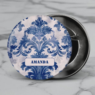 Chapa Redonda De 5 Cm Elegante damasco Azul monograma toile de jouy