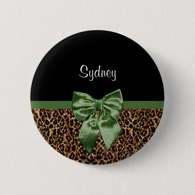 Chapa Redonda De 5 Cm Elegante Leopard Print Elegant Green Bow and Name (Anverso)