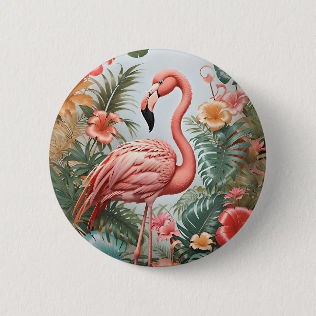 Chapa Redonda De 5 Cm Elegante pájaro rosa flamenco y flores tropicales (Anverso)