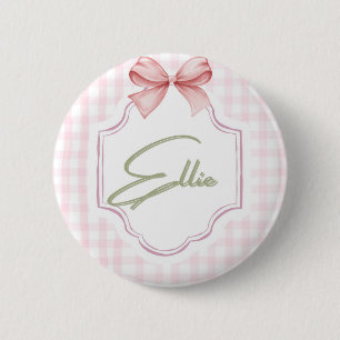 Chapa Redonda De 5 Cm Ellie Pink Bow personalizado y Gingham Print