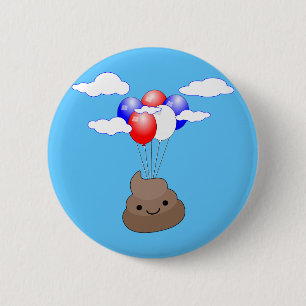 Chapa Redonda De 5 Cm Emoji Poo Volando Con Globos En Cielo Azul