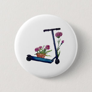 Chapa Redonda De 5 Cm Empujar Scooter y Flores Insignia de arte acuarela