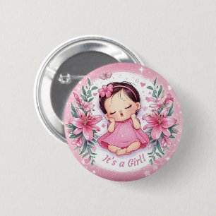 Chapa Redonda De 5 Cm Es un Badge Rosa de Baby Shower de Niña con Bebé A
