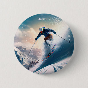 Chapa Redonda De 5 Cm Esquiador de montaña de nombre personalizado