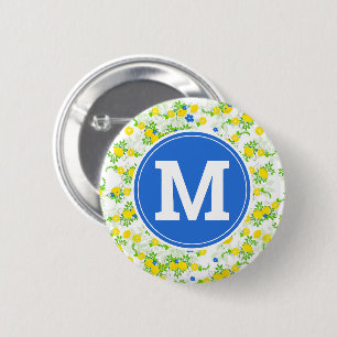 Chapa Redonda De 5 Cm Estampado floral de limones azules y amarillos ver
