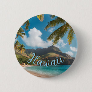 Chapa Redonda De 5 Cm Estilo vintage hawaiano palmeras marinas cielo azu