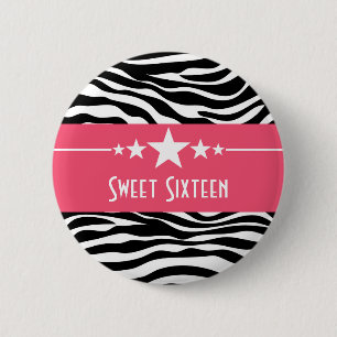 Chapa Redonda De 5 Cm Estrellas rosadas Zebra Print Sweet 16 Button