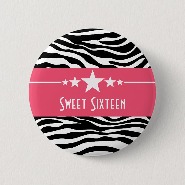 Chapa Redonda De 5 Cm Estrellas rosadas Zebra Print Sweet 16 Button (Anverso)