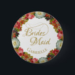 Chapa Redonda De 5 Cm Etiqueta de nombre de la dama de honor Boda de flo<br><div class="desc">Esta etiqueta de nombre de botón está diseñada como un regalo para las damas de honor. Presenta una corona de flores en hermosos colores otoñales que incluyen coral, rojo, naranja, oro y ciruela. El diseño floral se hace aún más elegante gracias a las delicadas letras de guiones dorados y los...</div>