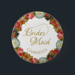 Chapa Redonda De 5 Cm Etiqueta de nombre de la dama de honor Boda de flo<br><div class="desc">Esta etiqueta de nombre de botón está diseñada como un regalo para las damas de honor. Presenta una corona de flores en hermosos colores otoñales que incluyen coral, rojo, naranja, oro y ciruela. El diseño floral se hace aún más elegante gracias a las delicadas letras de guiones dorados y los...</div>