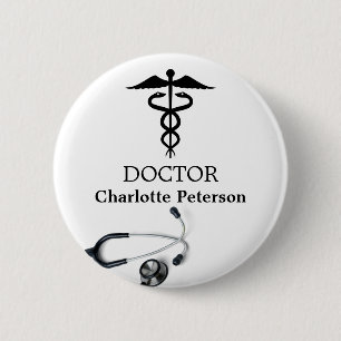 Chapa Redonda De 5 Cm Etiqueta de nombre de médico Caduceo Estetoscopio 