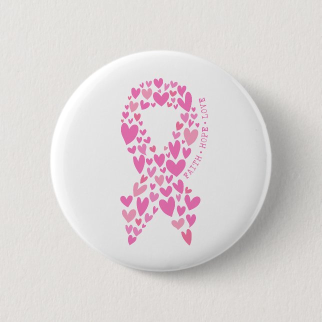 Chapa Redonda De 5 Cm Faith Hope Breast Cancer Pink Ribbon Awareness (Anverso)