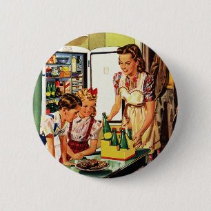 Chapa Redonda De 5 Cm Familia Vintage, Mamá con Niños, Merienda en la Co