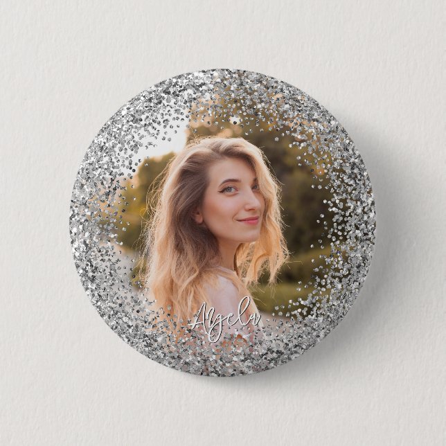 Chapa Redonda De 5 Cm Faux Silver Glitter Photo (Anverso)