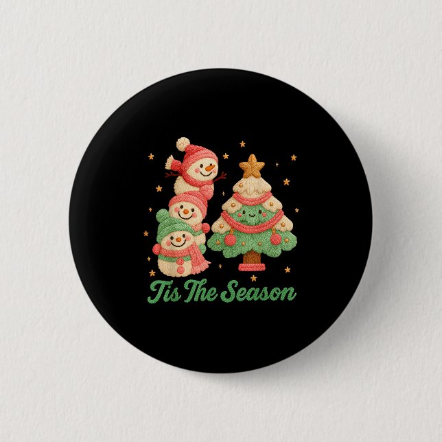 Chapa Redonda De 5 Cm Faux Yarn Crochet Snowman And Christmas Tree  (Anverso)