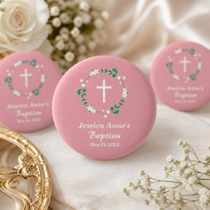 Chapa Redonda De 5 Cm Favor de Bautizo Cruz Floral Blanca Rosa Polvorien