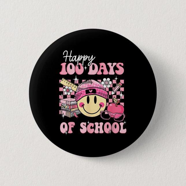 Chapa Redonda De 5 Cm Felices 100 Días De Maestros Retro Groovy (Anverso)