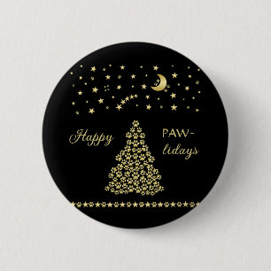 Chapa Redonda De 5 Cm Felices Pawlidays, árbol de navidad Gold brillante
