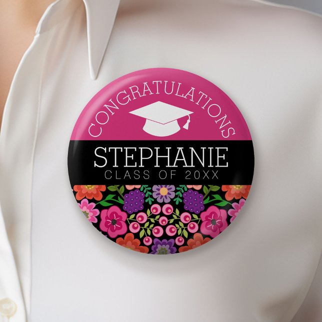 Chapa Redonda De 5 Cm Felicitaciones Graduate Girly Flowers Graduation (Custom Button)