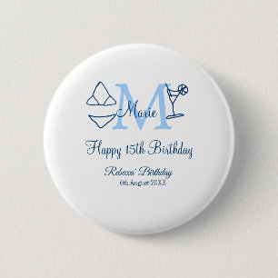 Chapa Redonda De 5 Cm Feliz 15 cumpleaños azul añadir nombre monograma b