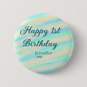 Chapa Redonda De 5 Cm Feliz 1er cumpleaños niños bebé azul verde pastel