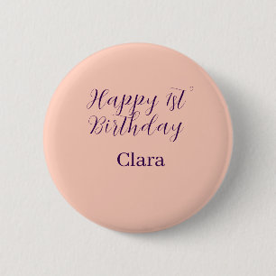 Chapa Redonda De 5 Cm Feliz 1er cumpleaños nombre boho retro naranja púr