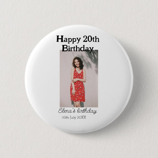 Chapa Redonda De 5 Cm Feliz 20 cumpleaños foto simple moderna mínima (Anverso)