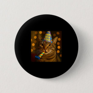 Chapa Redonda De 5 Cm Feliz Año Nuevo Gato Divertido Sombrero de Fiesta 