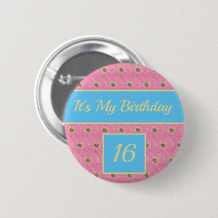Chapa Redonda De 5 Cm Feliz cumpleaños Dorado floral/ Diseño rosa/ azul