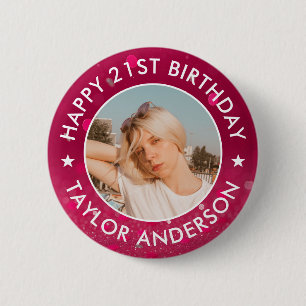 Chapa Redonda De 5 Cm Feliz Cumpleaños Foto Personalizada Confeti Rosa