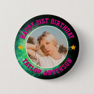 Chapa Redonda De 5 Cm Feliz Cumpleaños Foto Personalizada Cool Retro Boo