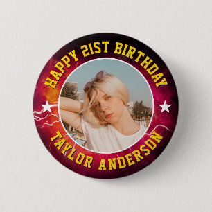 Chapa Redonda De 5 Cm Feliz Cumpleaños Foto Personalizada Cool Retro Boo
