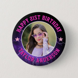 Chapa Redonda De 5 Cm Feliz Cumpleaños Foto Personalizada Cool Retro Boo