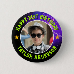 Chapa Redonda De 5 Cm Feliz Cumpleaños Foto Personalizada Cool Retro Boo