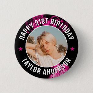 Chapa Redonda De 5 Cm Feliz Cumpleaños Foto Personalizada Efecto Rosado