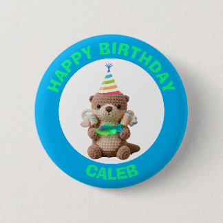 Chapa Redonda De 5 Cm Feliz Cumpleaños | Oso de Peluche Azul y Verde