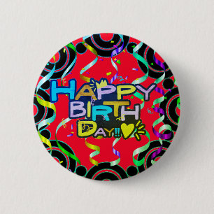 Chapa Redonda De 5 Cm Feliz cumpleaños rojo con Confetti