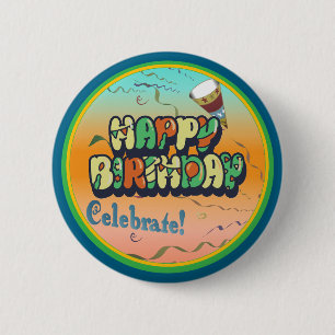 Chapa Redonda De 5 Cm Feliz Cumpleaños Verde Azul Amarillo Naranja