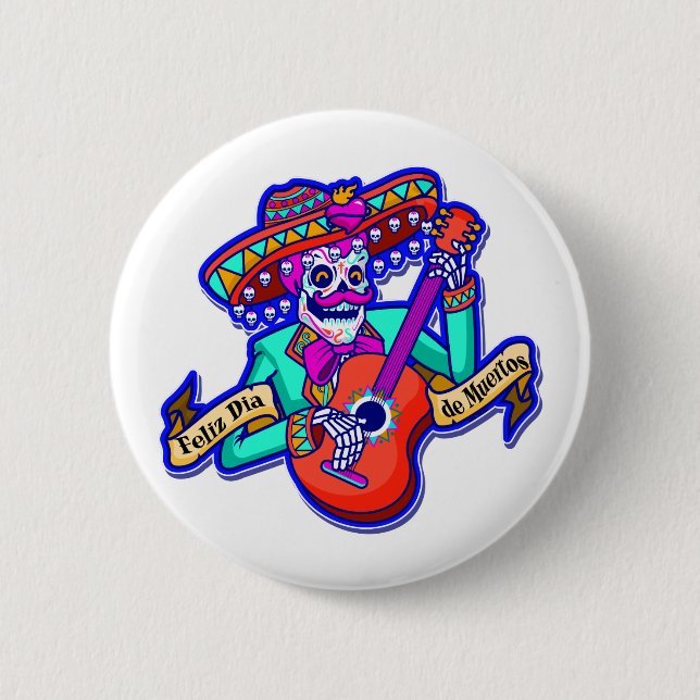 Chapa Redonda De 5 Cm Feliz Día de Muertos con Skeleton tocando guitarra (Anverso)