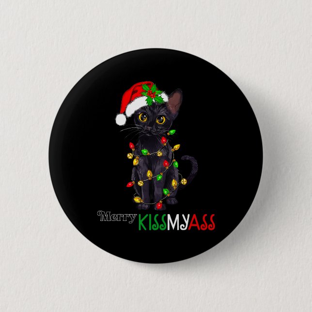 Chapa Redonda De 5 Cm Feliz Gato Negro Feliz Kissmy Navidad Pajamas Navi (Anverso)