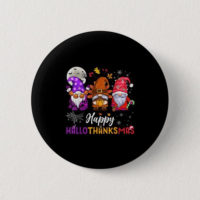 Chapa Redonda De 5 Cm Feliz Hallothanksmas Gnomes Feliz Halloween (Anverso)