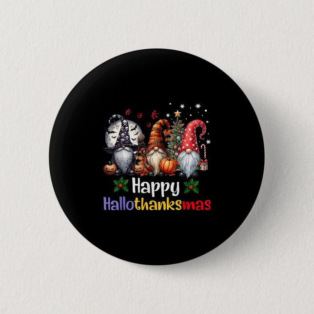 Chapa Redonda De 5 Cm Feliz Hallothanksmas Gnomes Feliz Halloween (Anverso)