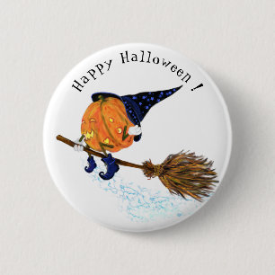 Chapa Redonda De 5 Cm Feliz Halloween Bruja Calabaza Flying Broom - Dive