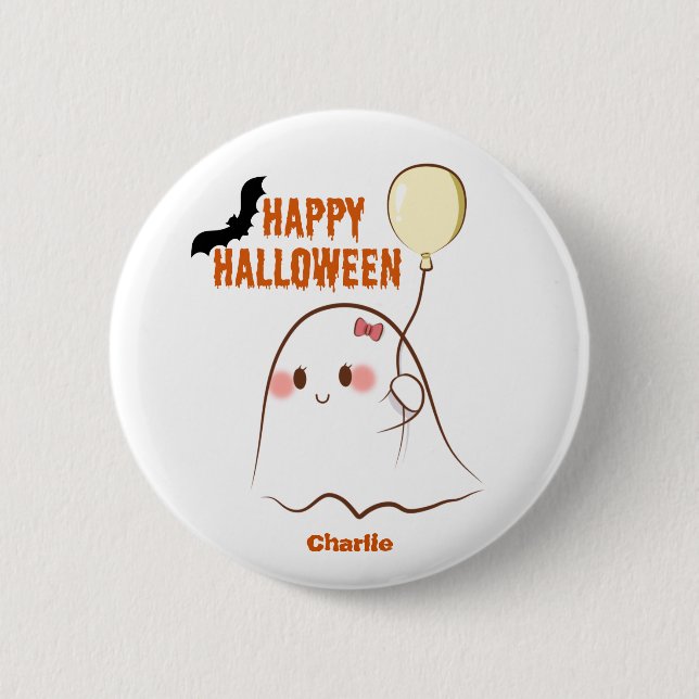 Chapa Redonda De 5 Cm Feliz Halloween, Fantasma De Cutie Con Un Nombre D (Anverso)