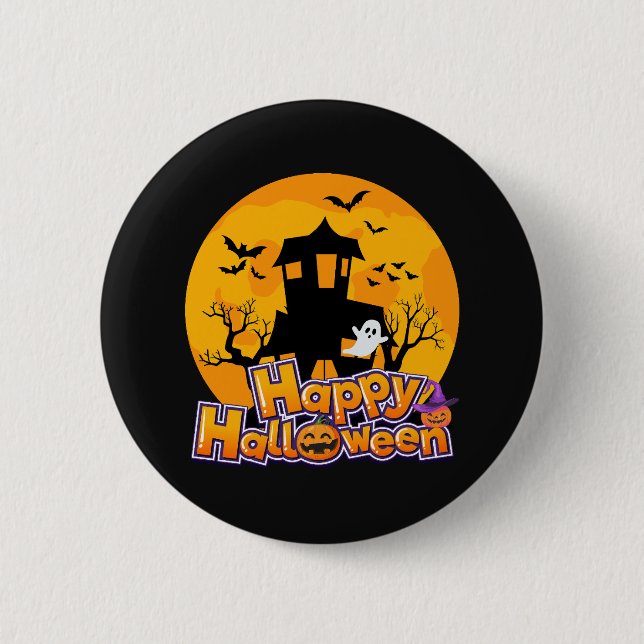 Chapa Redonda De 5 Cm Feliz Halloween Hauned House Moon (Anverso)