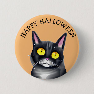 Chapa Redonda De 5 Cm Feliz Halloween lindo gato negro ojos amarillos