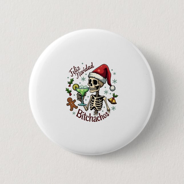 Chapa Redonda De 5 Cm Feliz Navidad Bitchachos Funny Skull Spanish Merry (Anverso)