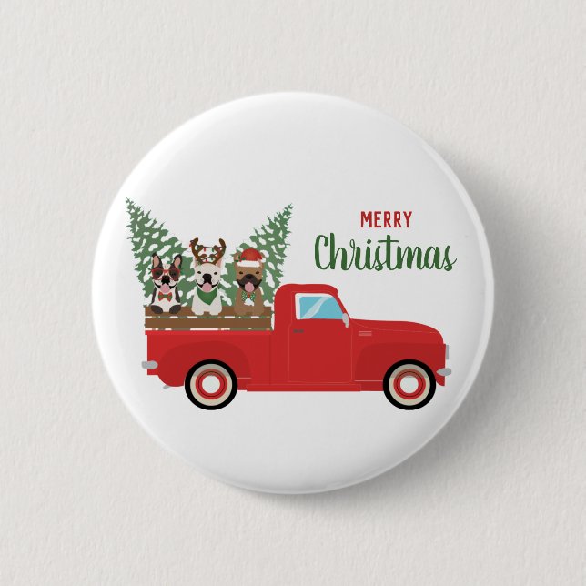 Chapa Redonda De 5 Cm Feliz Navidad Bulldogs Franceses Camioneta Roja (Anverso)
