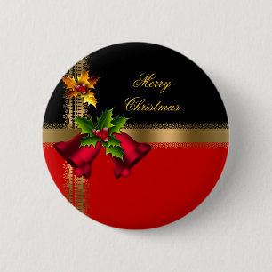 Chapa Redonda De 5 Cm Feliz Navidad Fiesta Rojo Campanas Negro Oro