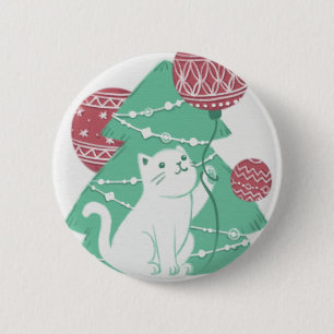 Chapa Redonda De 5 Cm Feliz Navidad: Gato y ornamentos